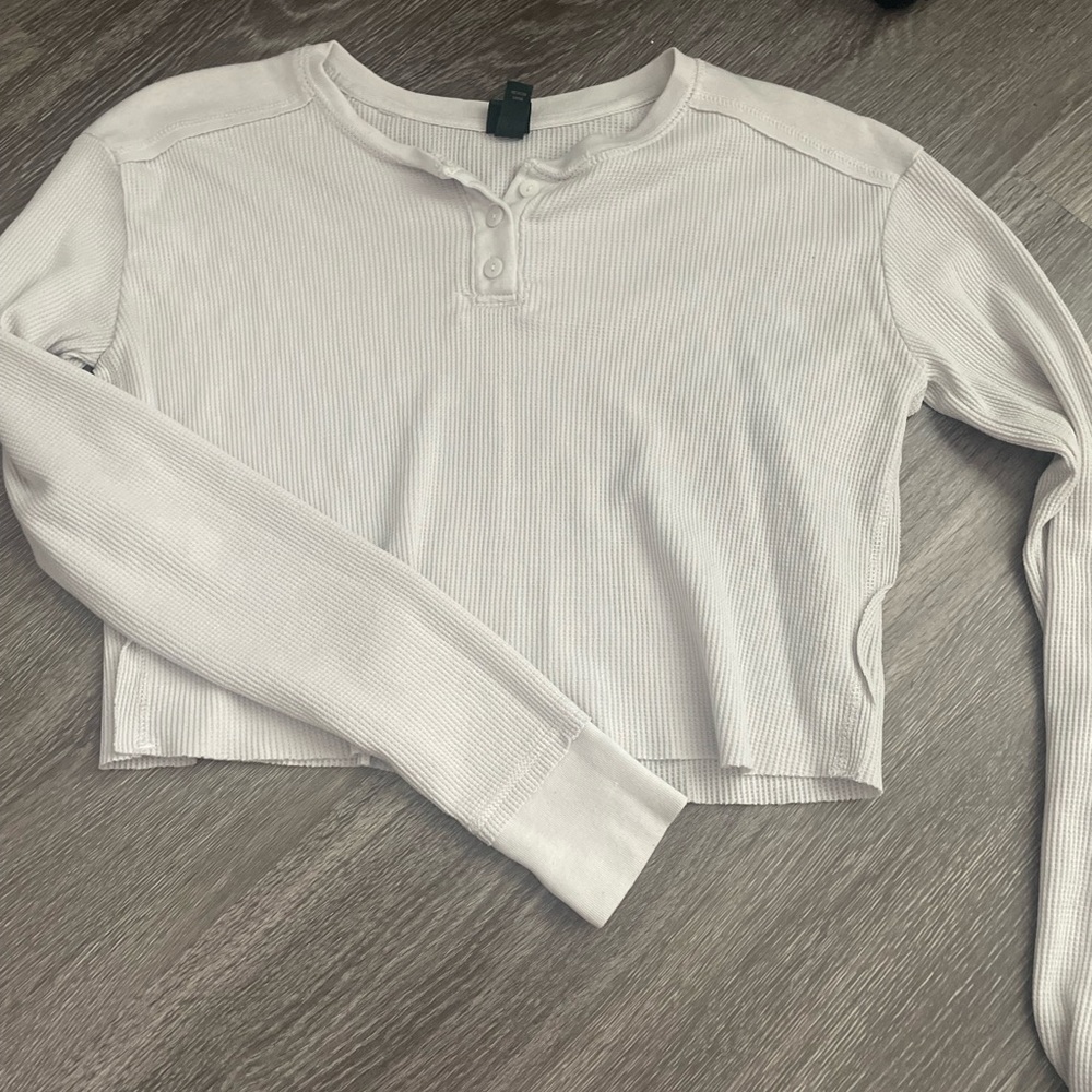 Light Grey Waffle Knit Cropped Long Sleeve T-Shirt